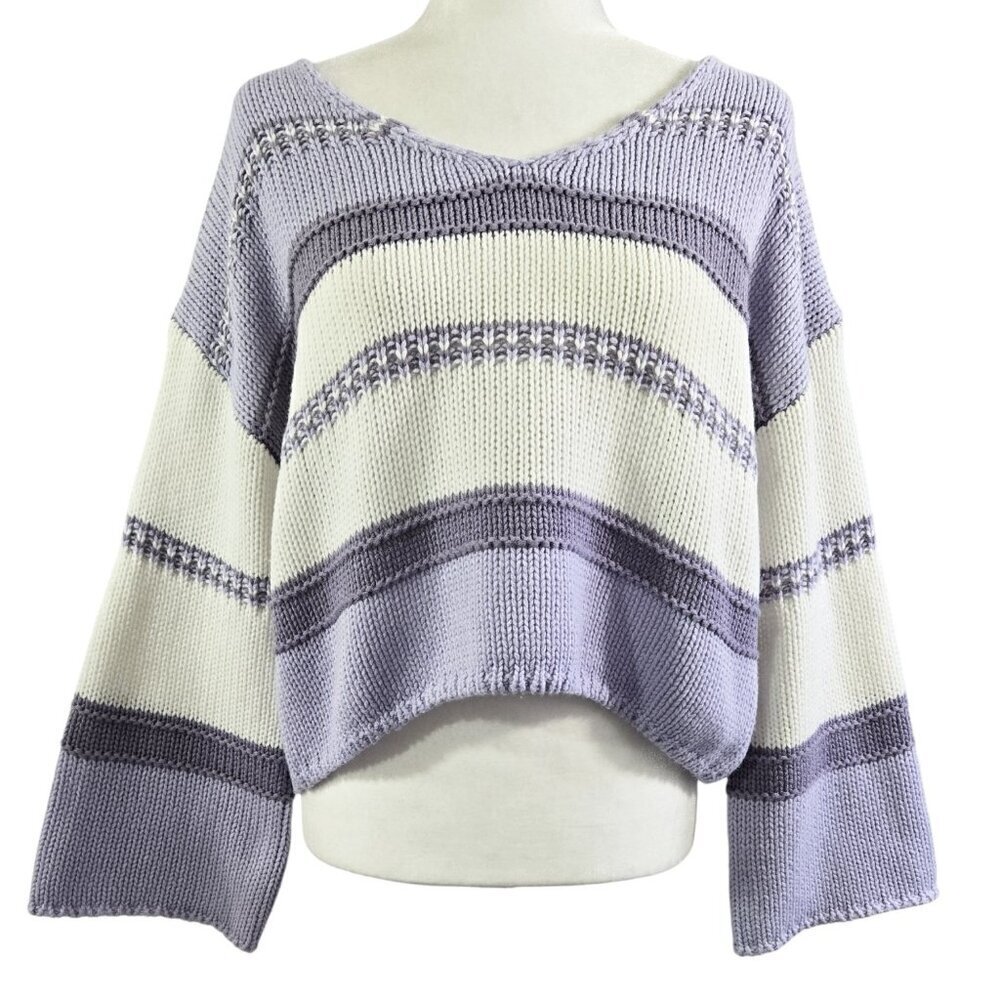 Sincerely Jules Lavender White Stripe Flare Sleeve Cropped Sweater Slouchy